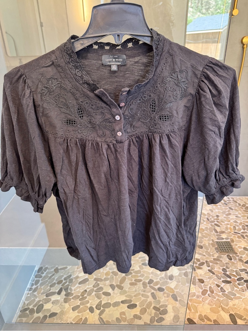 Lucky Brand Black Embroidered Puff Sleeve Blouse